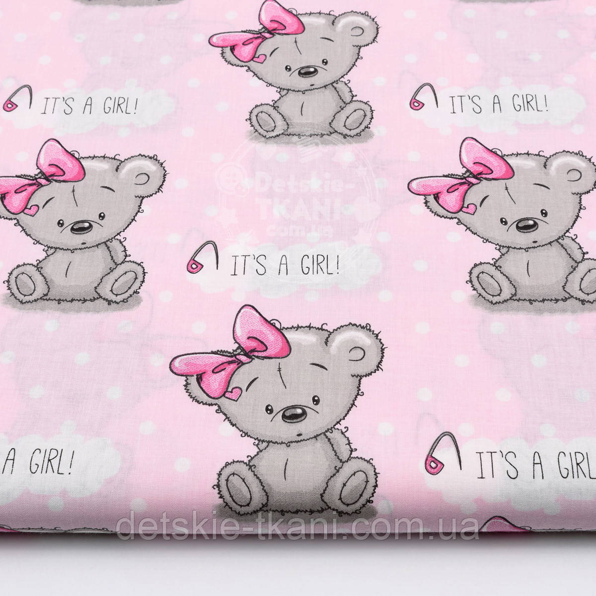 Бязь "Ведмедики Girl з малиновим бантиком" на рожевому фоні, №1588