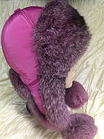 Жіноча рожева вушанка з хутра кролика з бубонами