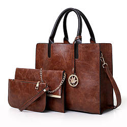 Жіноча сумка з екошкіри набір 3в1 з брелочка коричневий