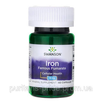 Залізо Фумара, Swanson Iron Ferrous Fumarate 18 мг 60 капсул, фото 2