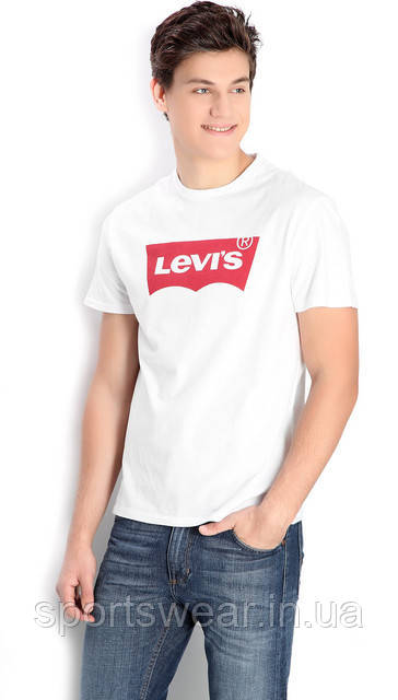 Чоловіча Футболка LEVI'S біла з червоним лого Трикотажна Бавовняна Ливайс принт Левіс короткий рукав Лєвайс