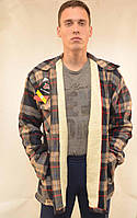 Куртка - сорочка чоловіча у великих розмірах на хутряній підкладці - застібка блискавка Коричневий з бордовим, 70