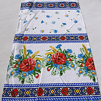 Готовий вафельний рушник з букетами маків, волошок і колосків і синім українським орнаментом 45х70 см