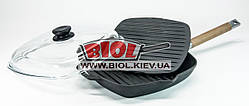 Сковорода ГРІЛЬ чавунна 26х26 см зі знімною ручкою, скляною кришкою та пресом 22,5х22,5 см 2 кг БІОЛ 1026CP-2