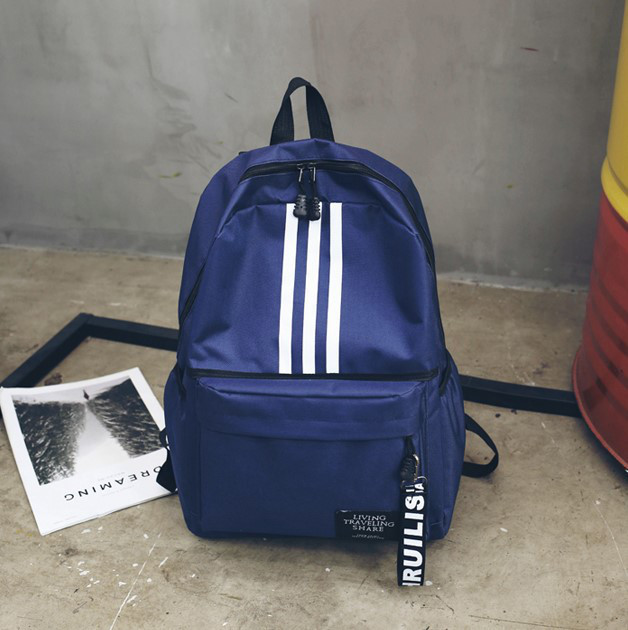 Жіночий рюкзак синій місткий тканинний з білою смужкою, фото 1