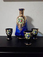 Набір графин і 3 чарки кольоровий кришталь кобальт з позолотою Італія