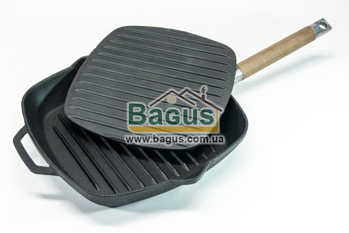 Сковорода-гриль чавунна 26х26 см квадратна з чавунним пресом 22,5х22,5 см 2 кг і знімною ручкою Біол 1026P-2