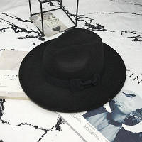 Женская фетровая шляпа Федора с устойчивыми полями и бантиком черная