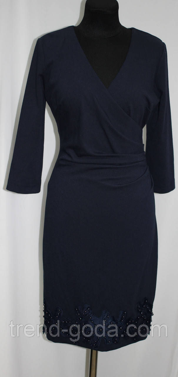 Сукня темно-синє трикотажне з вишивкою, приталене, Туреччина