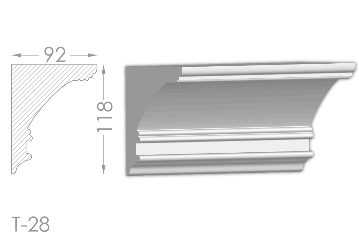 Карниз з гладким профілем, молдинг стельовий з гіпсу т-28