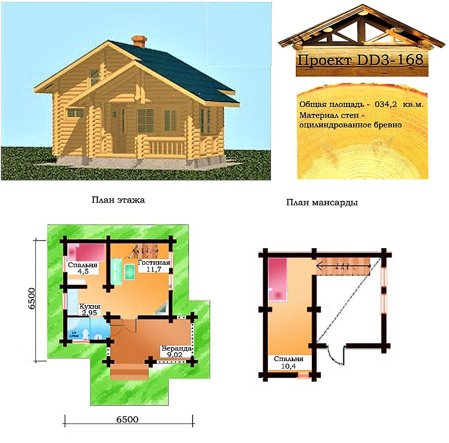 Проект будинку з оциліндрованої колоди 34,2 м2. Проект будинку безкоштовно при замовленні будівництва