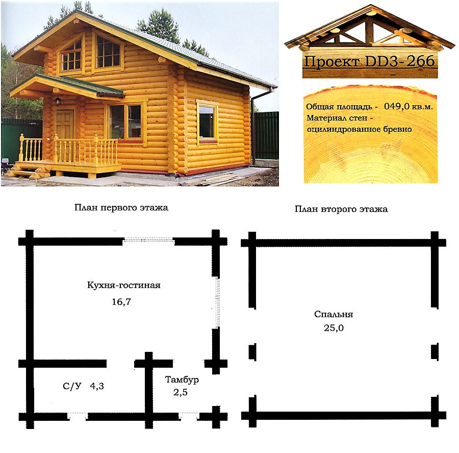 Проект дома из оцилиндрованного бревна 49 м2. Проект дома бесплатно при заказе строительства - фото 1 - id-p806009965