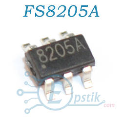 FS8205A, (8205A), транзисторна збірка, 20V 6A dual N-channel mosfet, SOT23-6