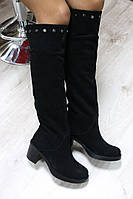 Жіночі зимові чоботи на високих підборах із натуральної замші (чорні)