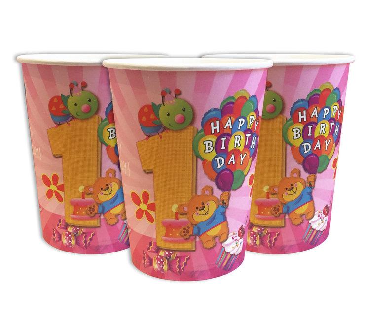 Стакан одноразовий рожевий для 1-го дня народження "1 Happy Birthday" 