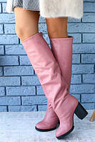 Зимові жіночі чоботи з натуральної шкіри на широкому підборі (рожеві)