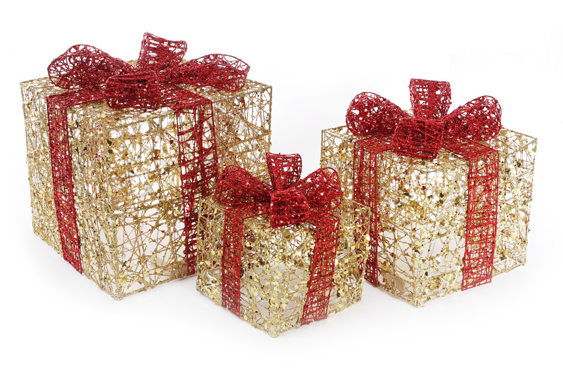 Набір декоративних подарунків 3шт з підсвічуванням колір - золото з червоним