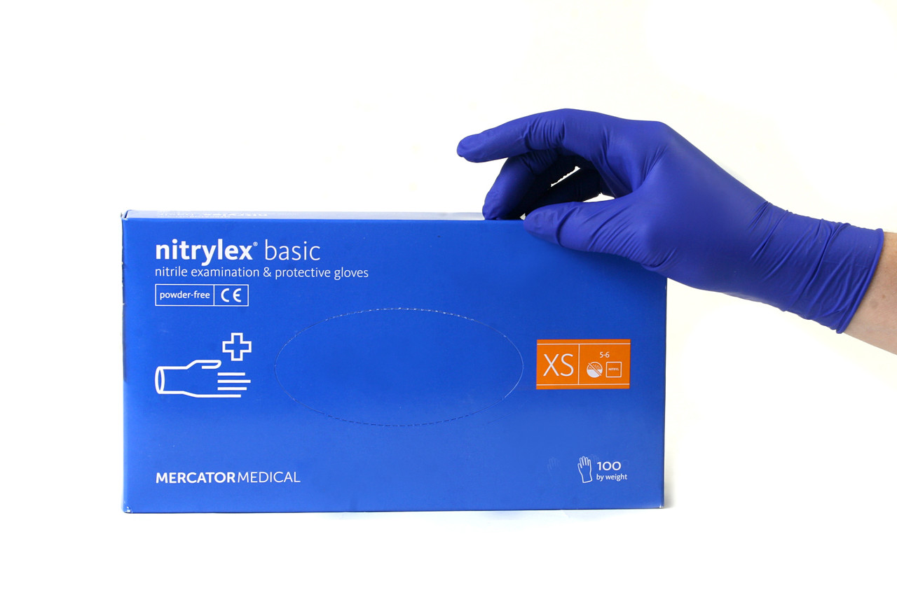 Рукавички нітрилові нестерильні непудровані Nitrylex basic XS  (100 пар / уп) сині