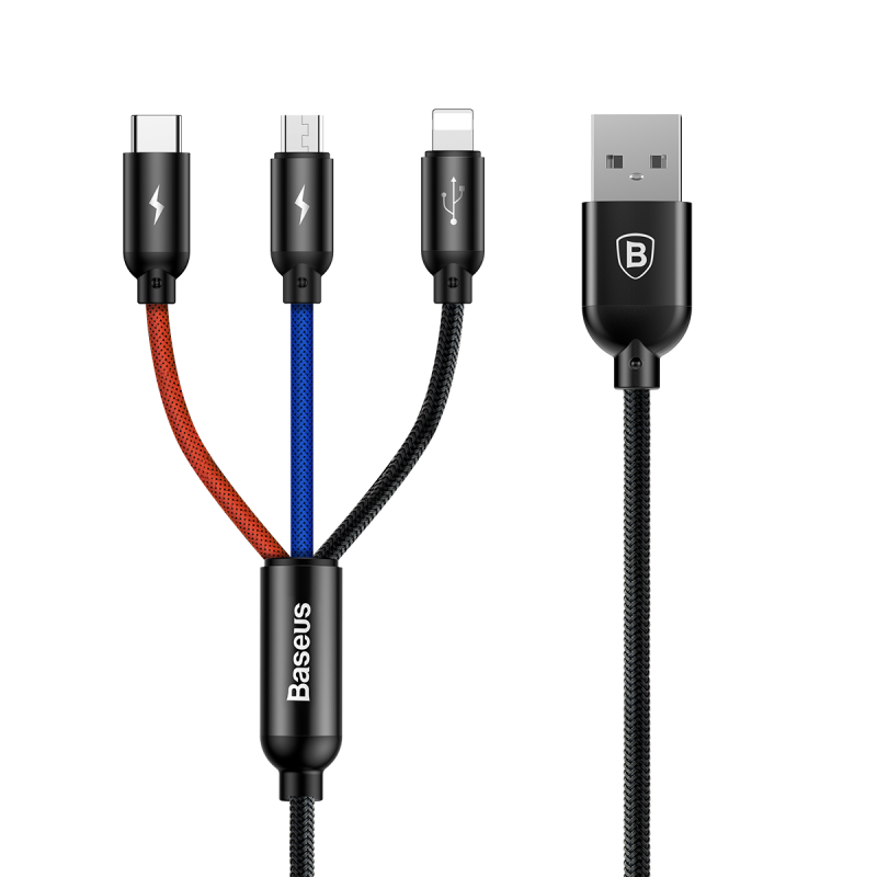 USB кабель Baseus Three Primary Colors 3-in-1 MicroUSB + Lightning + Type-C - 3.5 A / 1.2 m