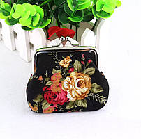 Жіночий текстильний гаманець-монетниця на застібці поцілунок з квітковим візерунком «Квіти» (чорний)