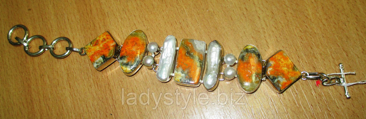 Срібний браслет із яшмою шміль і перлами, фото 1