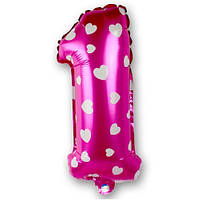 Кулька цифра 1 фольгована з сердечками 32 дюйма рожевий