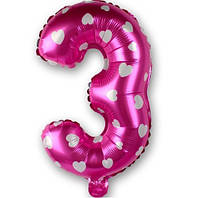 Кулька цифра 3 фольгована з сердечками 32 дюйма рожевий