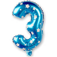 Кулька цифра 3 фольгована із зірочками 32 дюйма блакитний