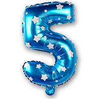 Кулька цифра 5 фольгована із зірочками 32 дюйма блакитний