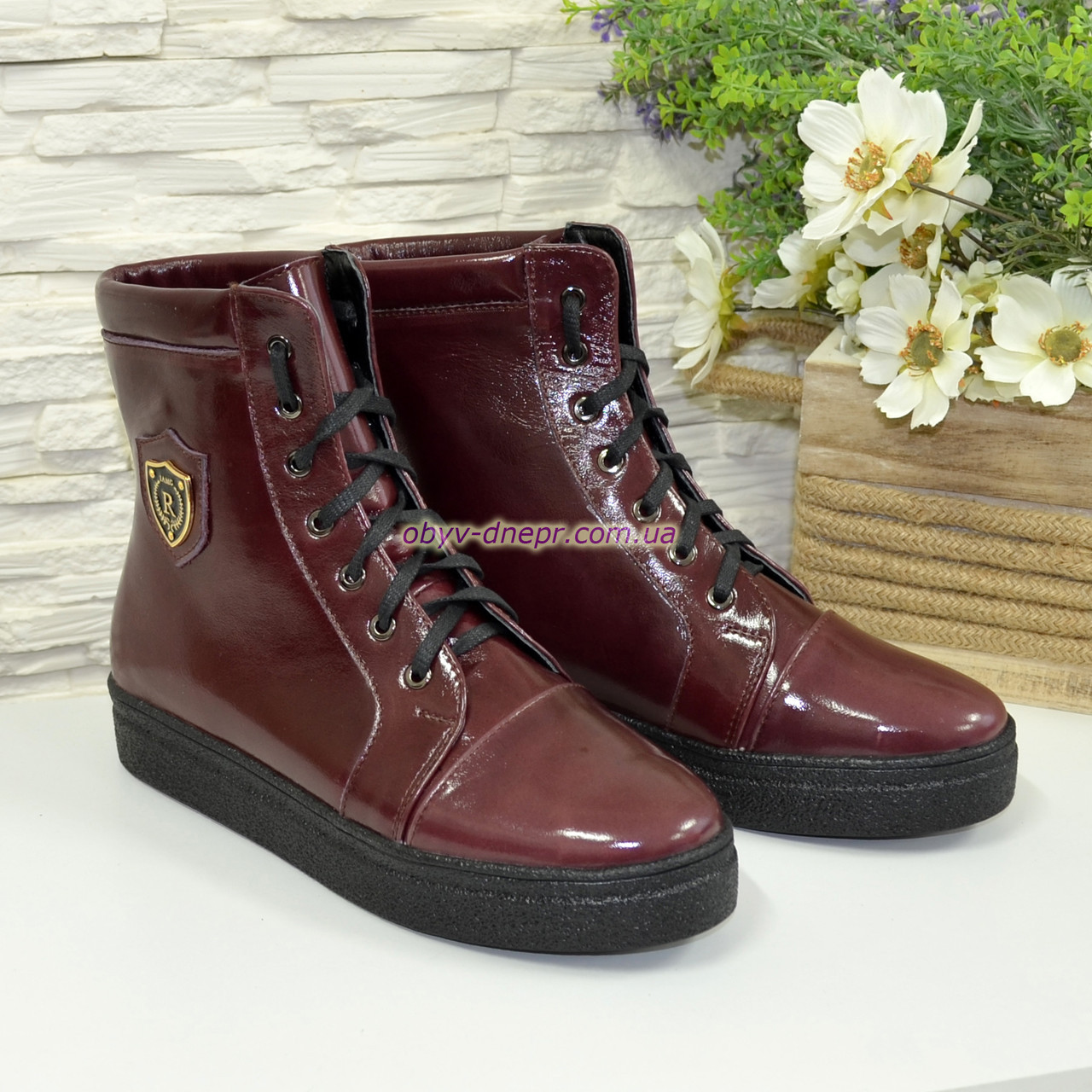 Черевики жіночі шкіряні на товстій підошві, колір бордо, фото 1
