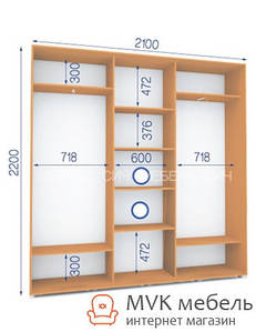 Шафа-купе (27/22-3Ф/2П) 2100х450х2200