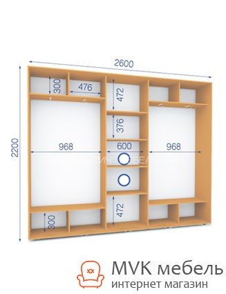 Шкаф купе (38/22-3Ф) 2600х450х2200