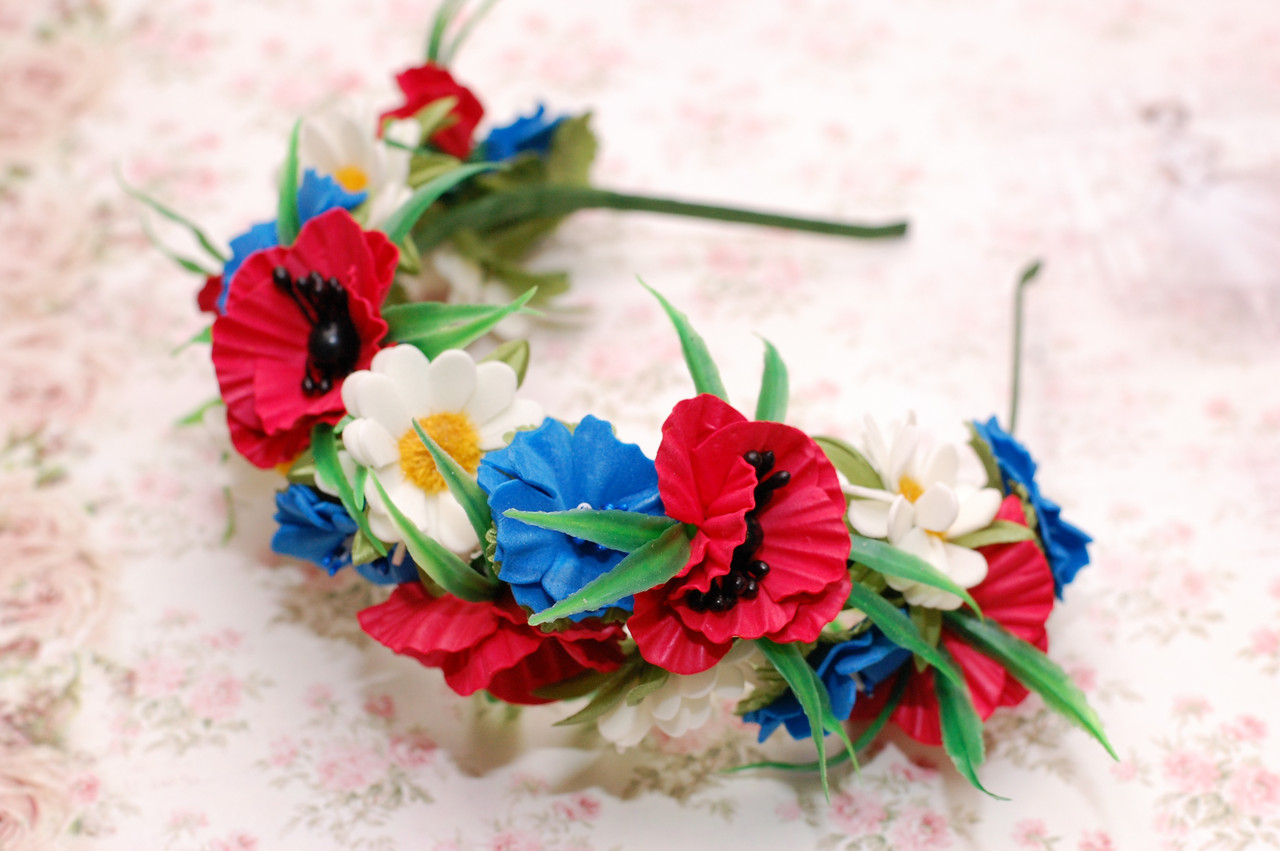 Обруч для волосся / ободок на голову з українськими квітами різнокольоровий 78 об, фото 1