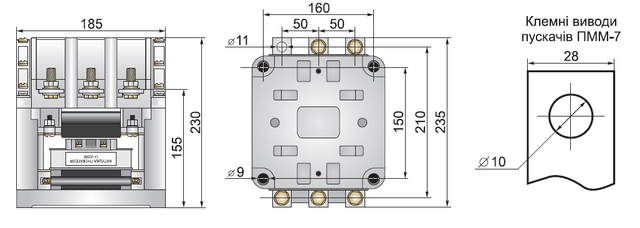 Электромагнитные пускатели ПММ по самым низкми ценам! Габаритные размеры пускателя ПММ-7