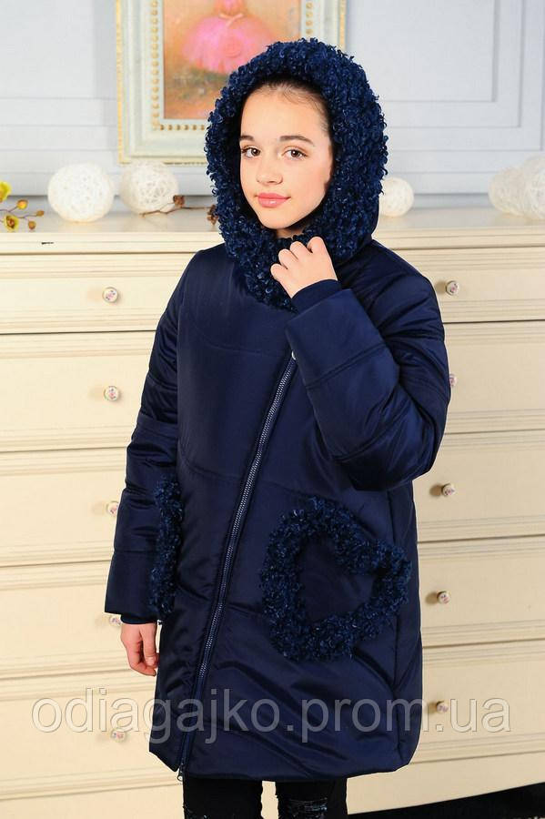 Куртка дитяча для дівчинки зима Мірея джинс 128,134 см штучний баранчик, капюшон