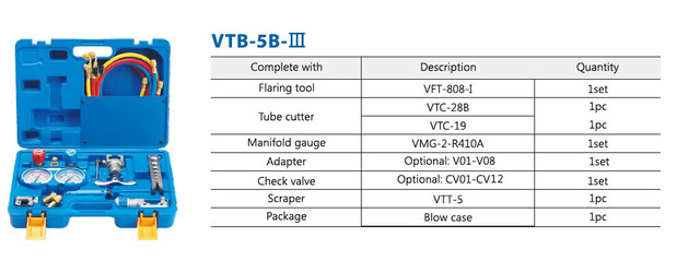  для обробки труб VALUE VTB-5B-111( 2 трубореза28В і 19, вальцовка808 I, колетор R410A,R407C,R22,R134A, шлангис кранами ,2 перехідника ) кейс -