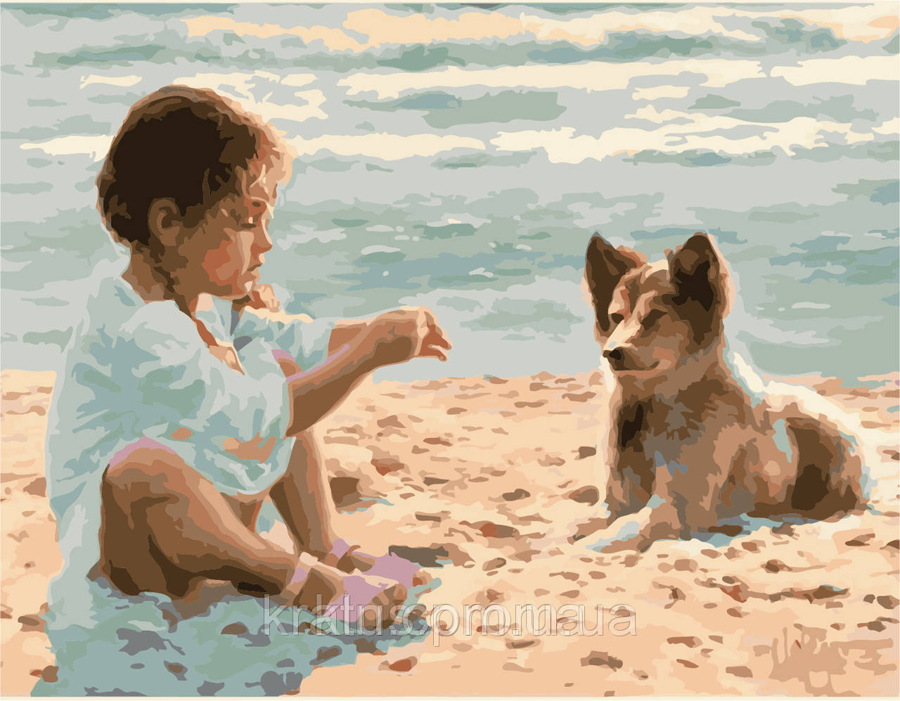 Розфарбування по номерах MG1061 Дівчинка з собакою на пляжі 40х50