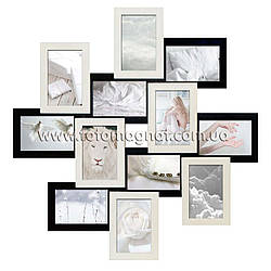 Дерев'яна мультирамка на 12 фото "Руноко Зигзаг" - Біле та Чорне (фоторамка колаж 70 х 70 см)
