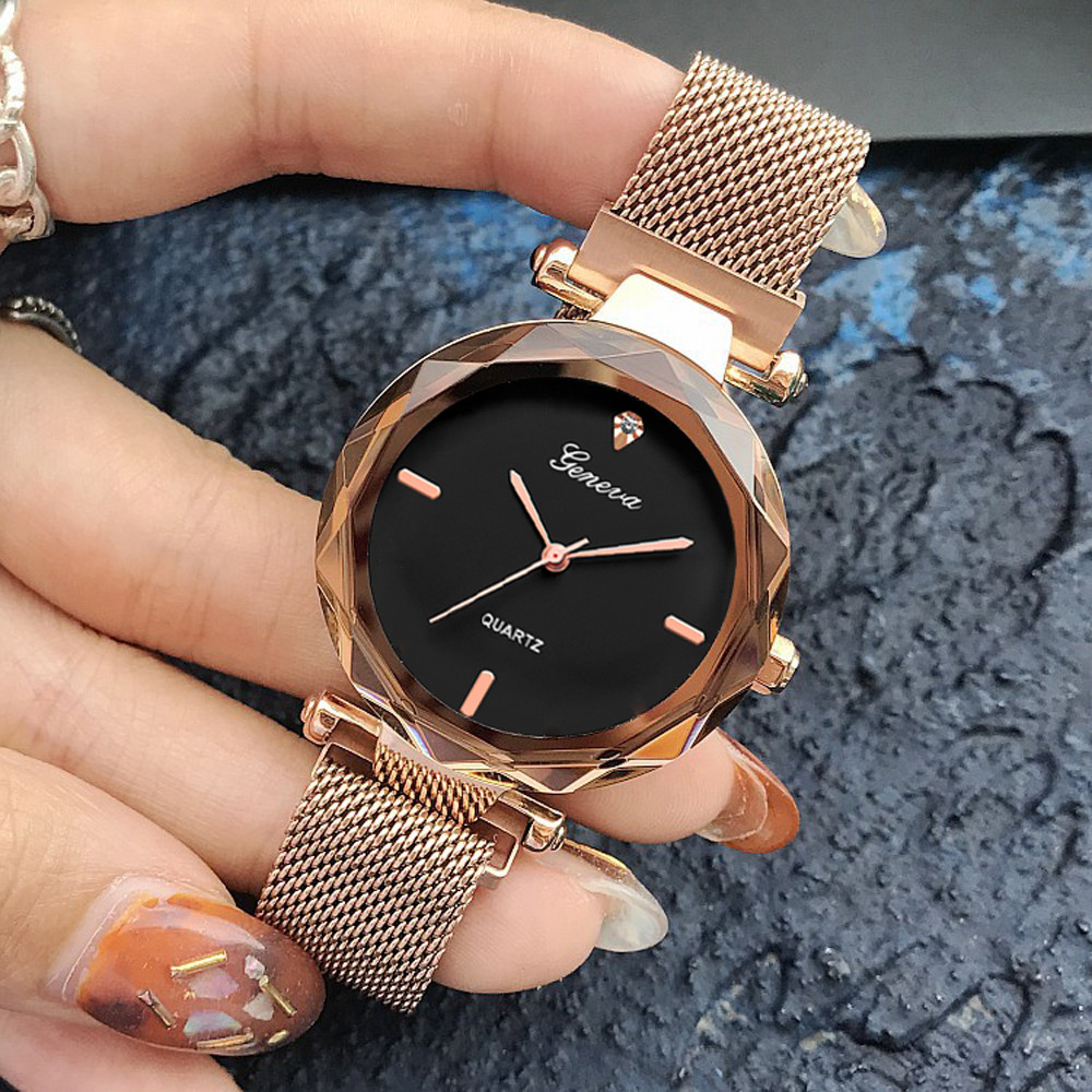 Женские часы Geneva Shine rose gold black, Жіночий наручний годинник, кварцевые часы Женева