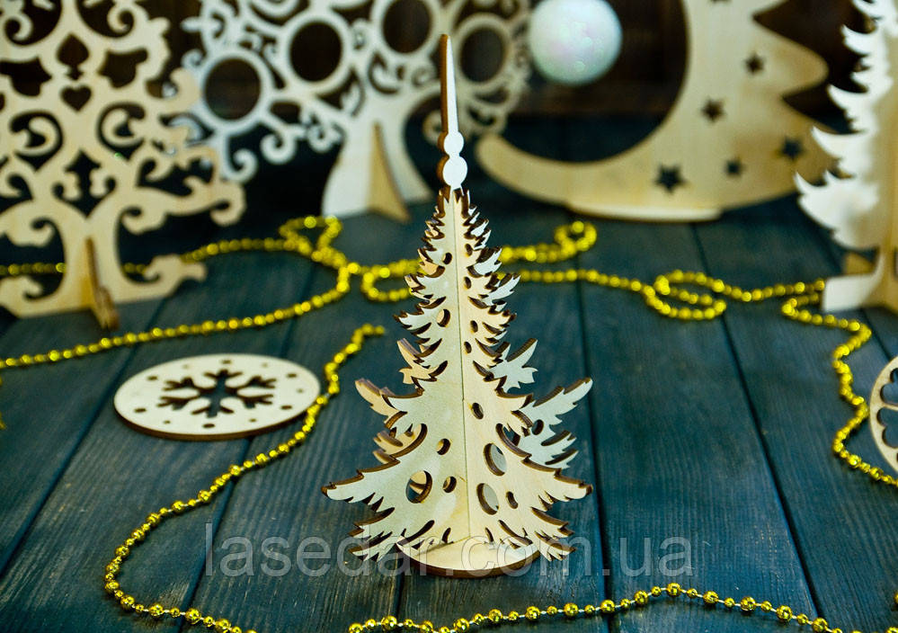 Декоративна ялинка з фанери з кулями 14х20 см, фото 1