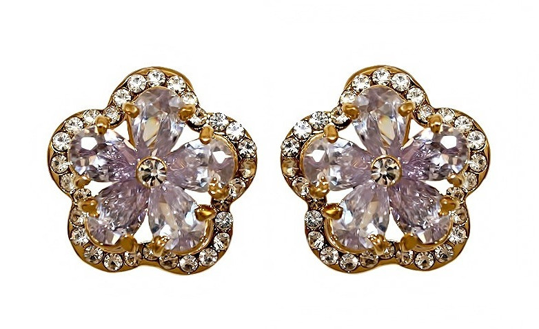 Сережки Neoglory з італійською застібкою. Позолота. Камені: білий та фіолетовий циркон. Діаметр: 1,6 см.