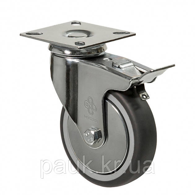 Колесо 2304-L-125-P(23 "Light") Ø 125мм, поворотне з кріпильною панеллю та гальмом, підшипник ковзання, гумове колесо на візок, фото 1