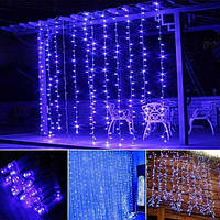 Штора вулична, завіса 2х2м 360 led, прозорий дріт, колір синій декоративна гірлянда