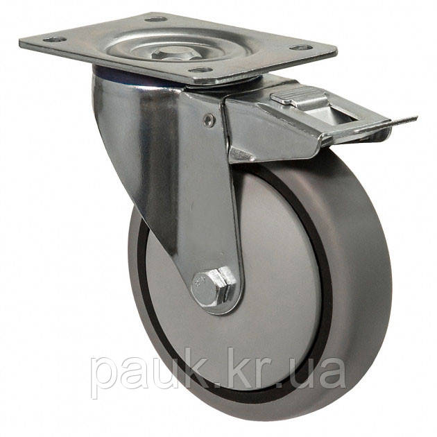 Колесо 2404-N-125-R(24 "Norma") Ø 125мм, поворотне з кріпильною панеллю та гальмом, роликовий підшипник, колесо для візка, фото 1