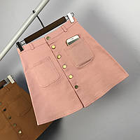 Женская юбка трапеция на пуговицах с карманами розовая