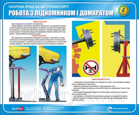 Стенд. Охорона праці на автотранспорті. Робота з підйомником і домкратом. 0,6х0,5. Пластик