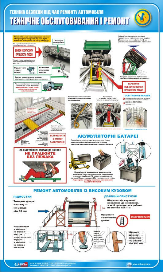 Стенд. Техніка безпеки під час ремонту автомобіля. Технічне обслуговування і ремонт. 0,6х1,0. Пластик