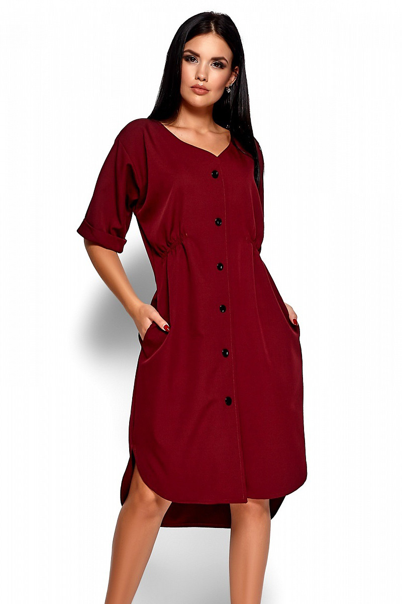 Розміри: M | Вільне класичне плаття на резинці, бордове, фото 1