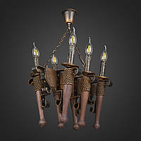 Люстра деревянная Факел на цепи 6 ламп, дерево венге, металл патина бронза, свеча, D-50см, ФС 049