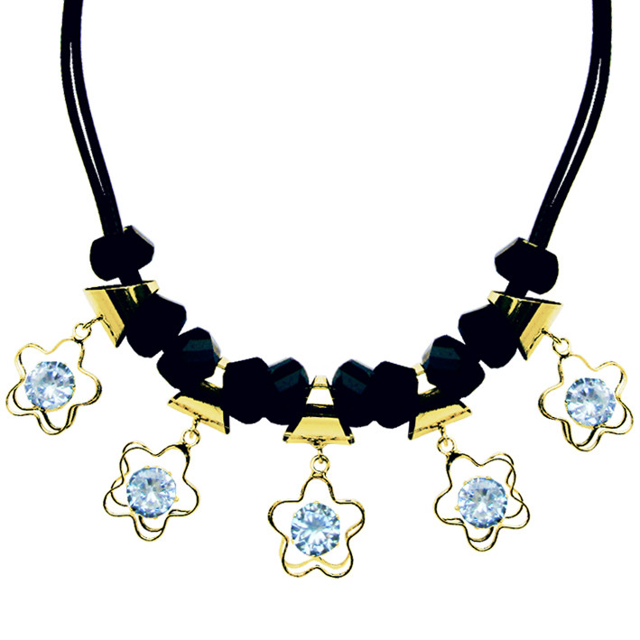 Кольє Намисто Золоті Квіти Зірочки зі Стразами і Чорні Буси на Шнурі, Біжутерія, фото 1